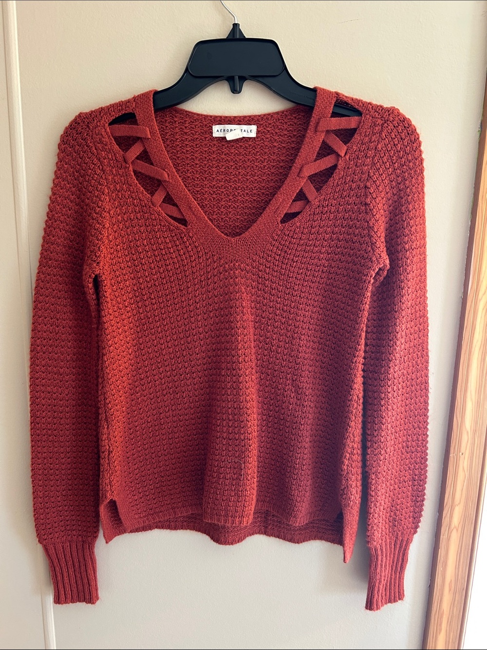 Aeropostale Burnt Orange V-Neck Sweater with Lattice Strap Detail